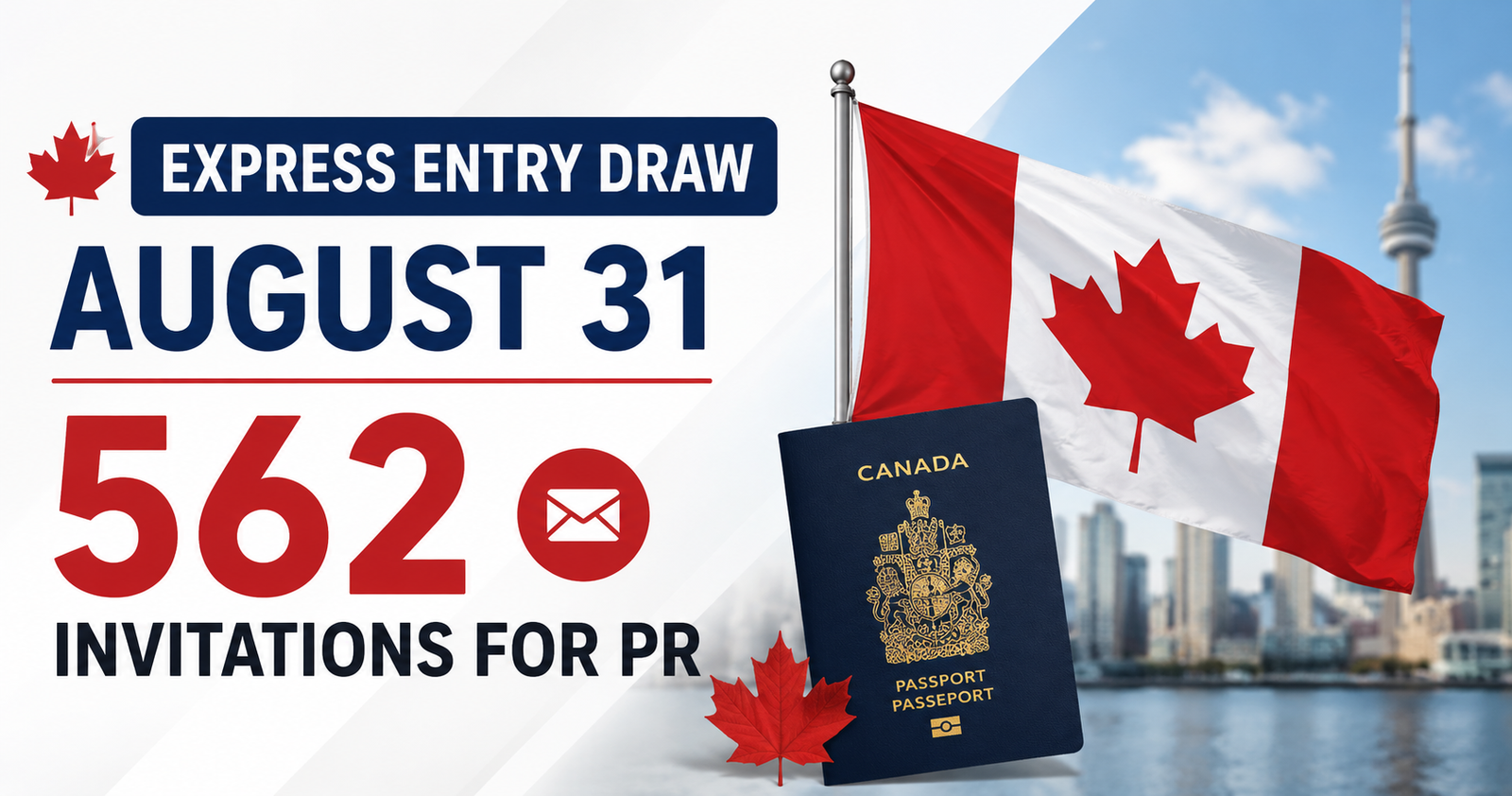 Latest Express Entry draw on August 31 with 562 invitations for Canada PR and Canadian flag.