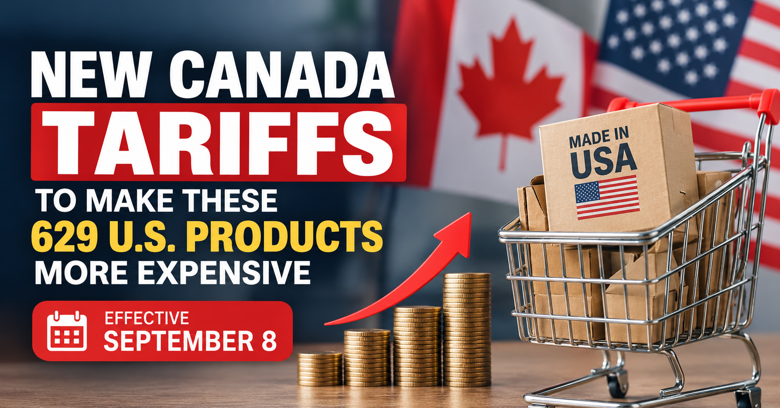 New Canada tariffs effective September 8 showing 629 U.S. products becoming more expensive for Canadian shoppers.