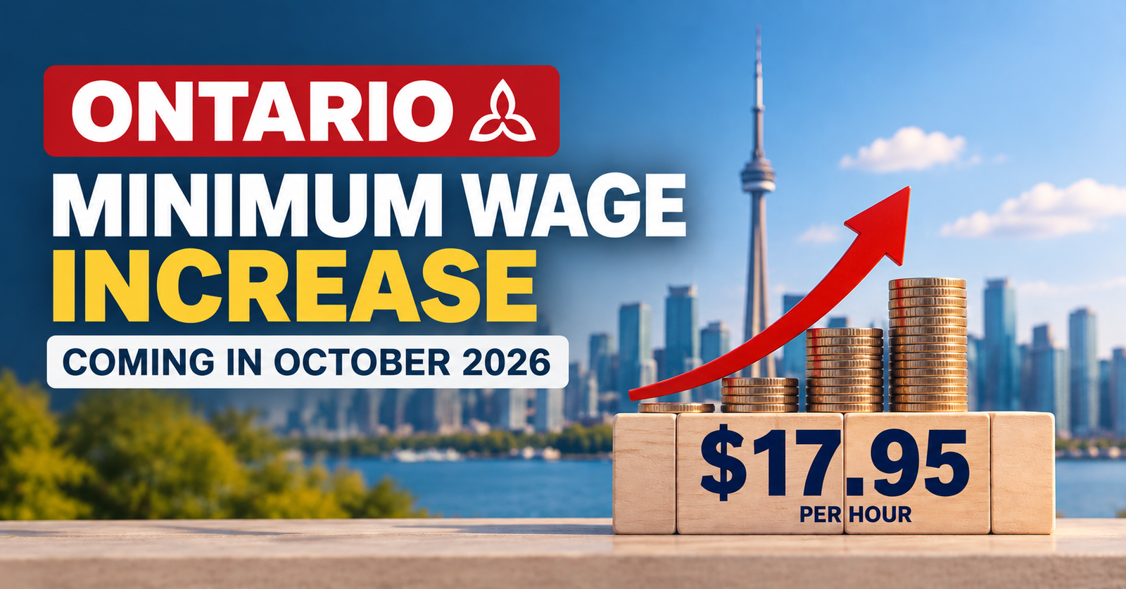 Ontario minimum wage increase to $17.95 per hour starting October 2026 with Toronto skyline and rising wage graphic.