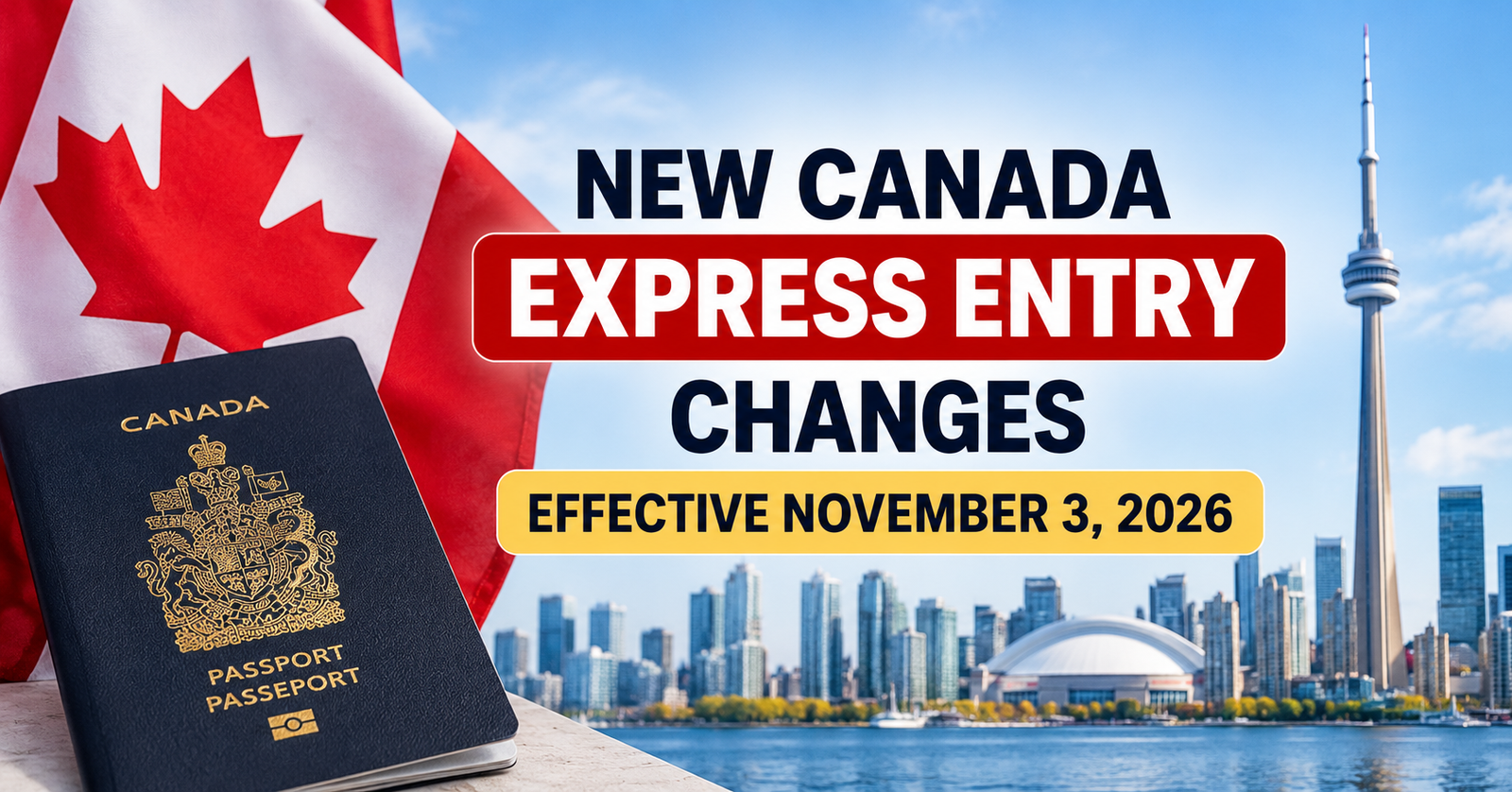 Canada Express Entry changes effective November 3, 2026, featuring the Canadian flag, passport and Toronto skyline.