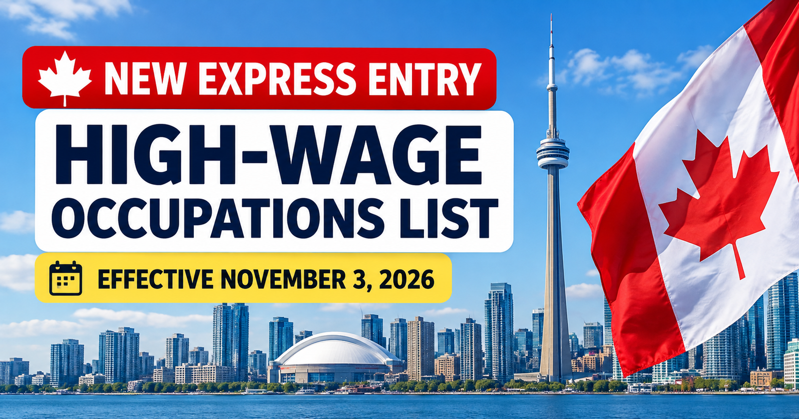 Canada Express Entry high-wage occupations list effective November 3, 2026, featuring the Toronto skyline and Canadian flag.