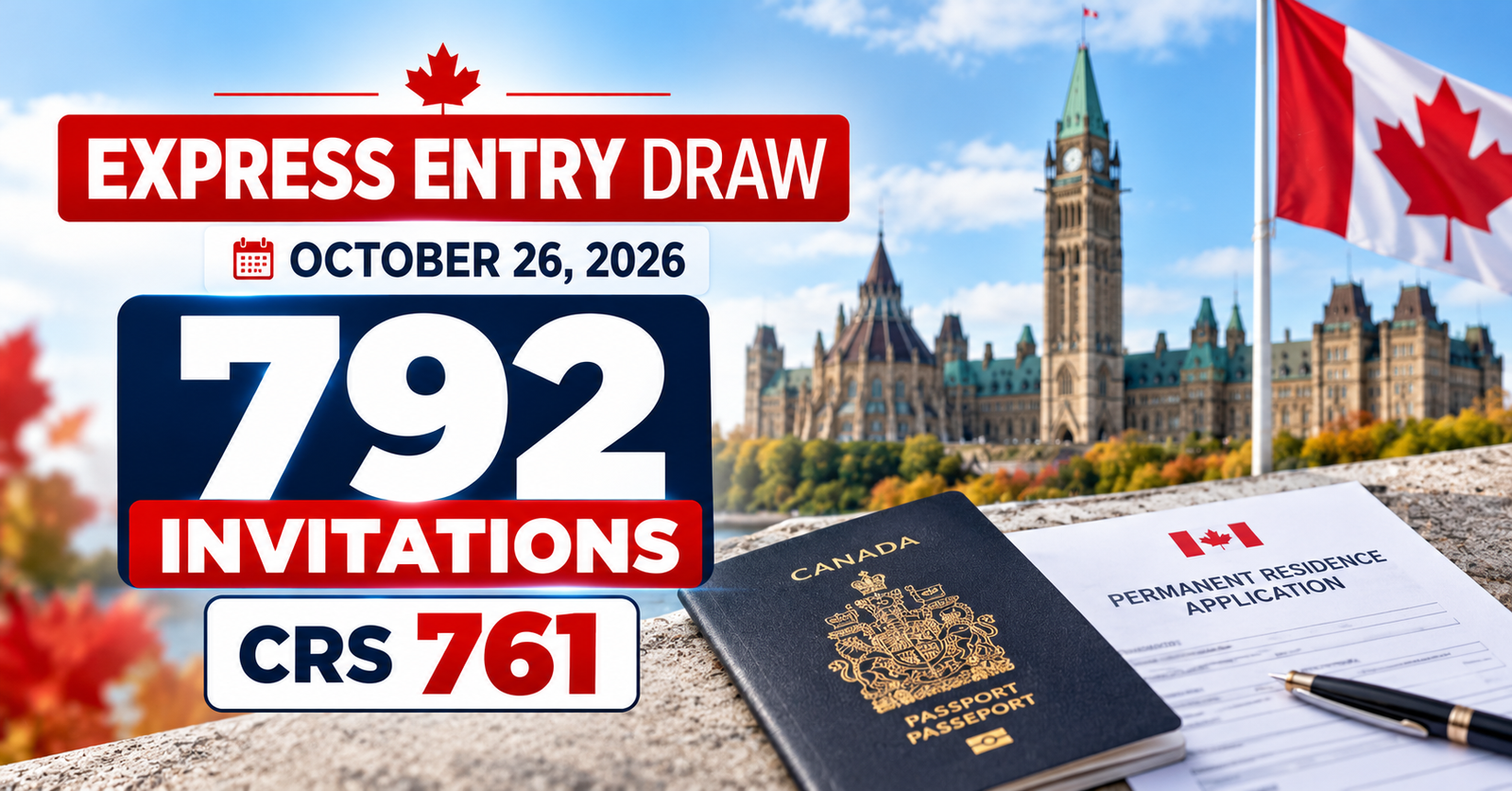 Canada Express Entry draw on October 26, 2026, issuing 792 invitations for permanent residence with a CRS cut-off score of 761.