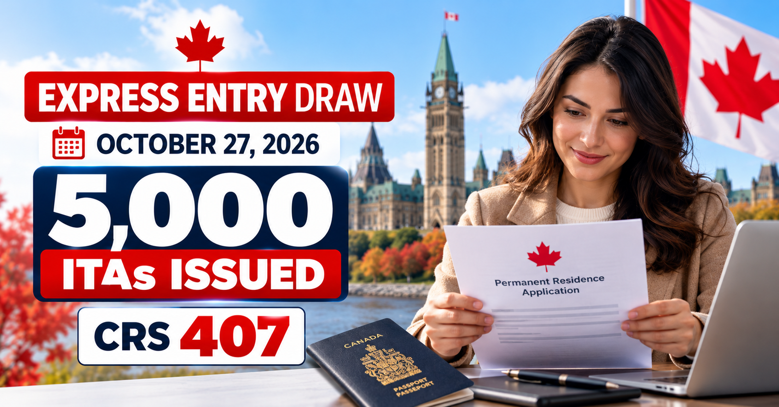 Canada Express Entry draw on October 27, 2026, issuing 5,000 invitations at a CRS cut-off score of 407 for French-language proficiency candidates.