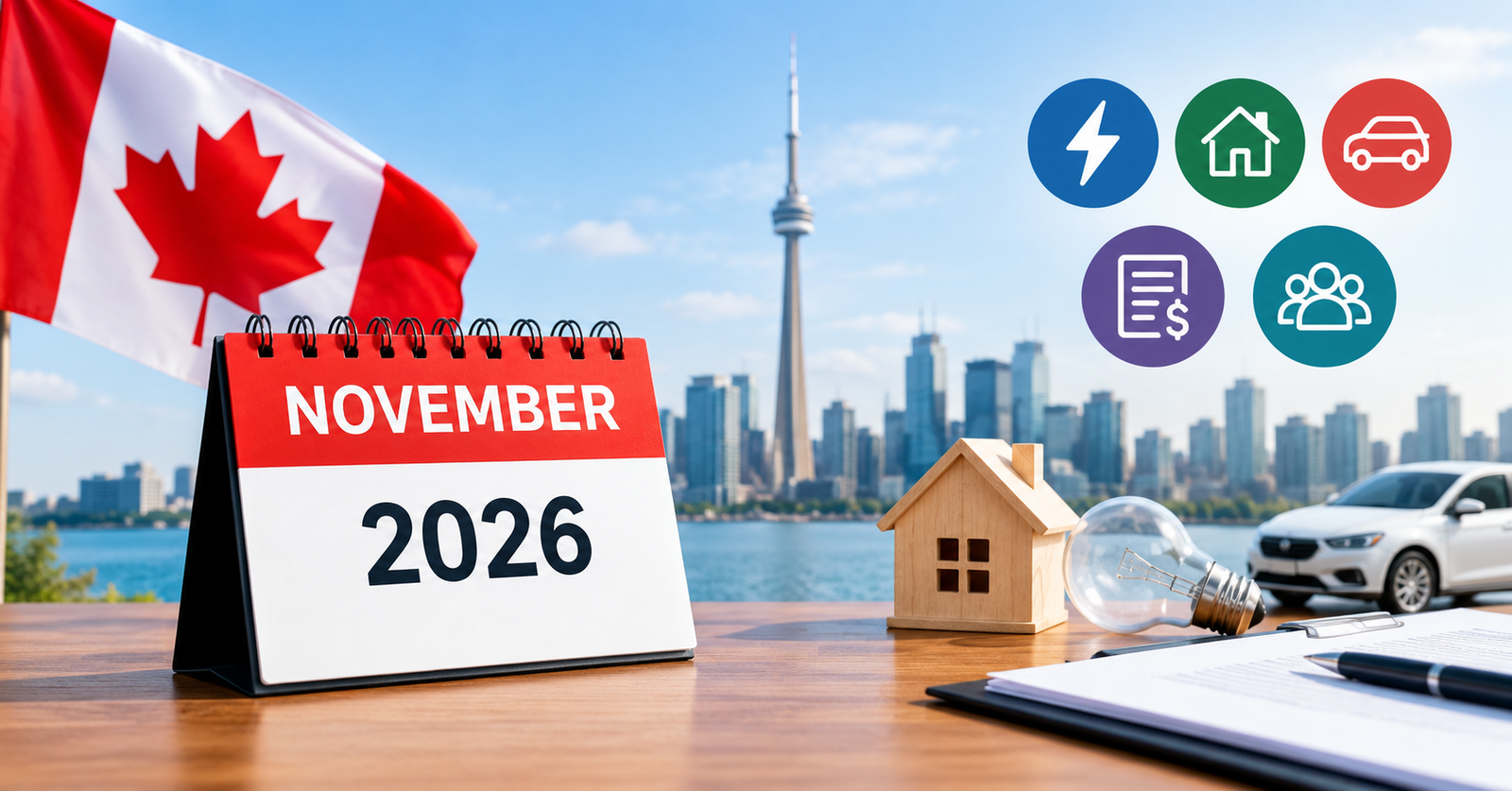 Ontario laws and rule changes in November 2026, featuring the Toronto skyline, Canadian flag, electricity, housing and transportation.